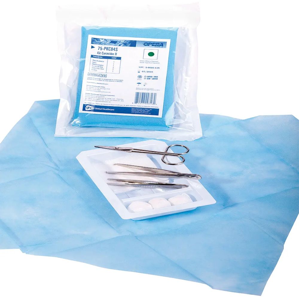 Kit de curación estéril con 2 pinzas, gasas y bandeja en empaque