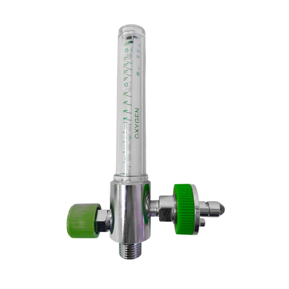 Flujómetro 0-15 con conector Diamond: tubo con escala y perillas verdes laterales