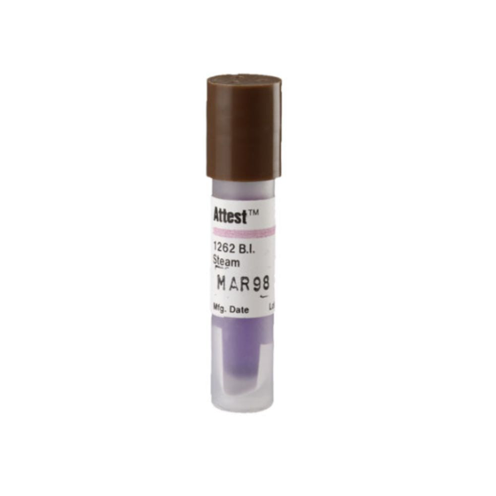 Attest autoclave 1262P steam indicator vial with purple label and MAR 98 date