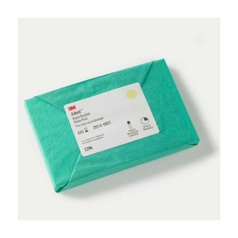 Attest Rapid Steam Test 1296F CJX25: green sealed pouch with label