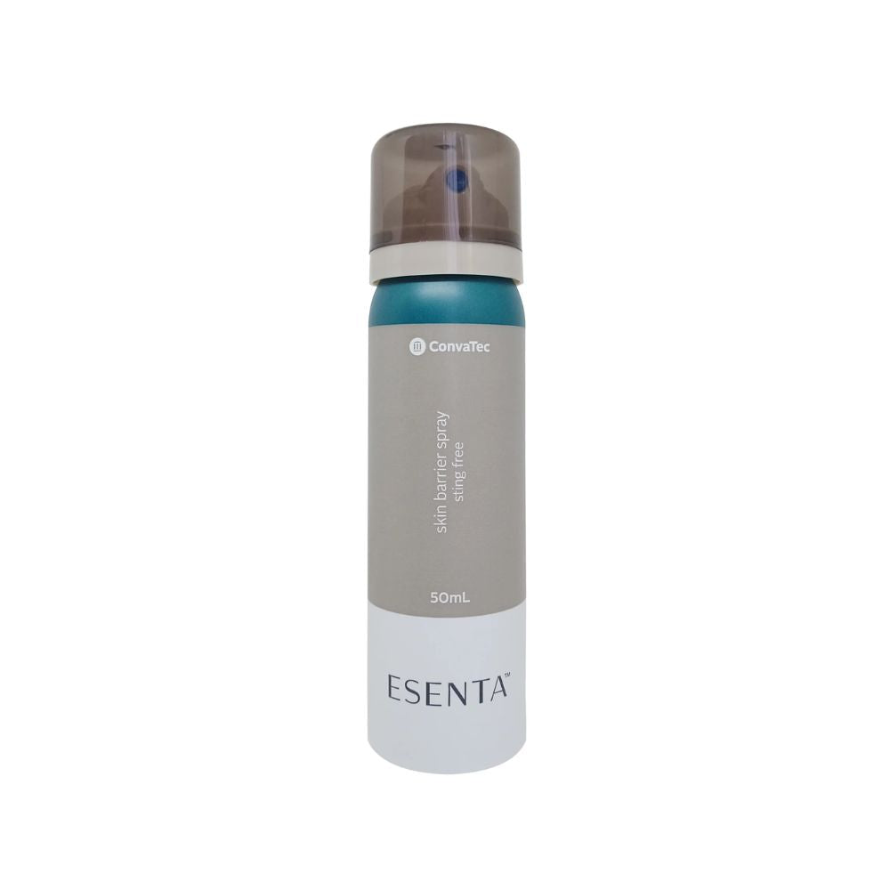 Esenta spray removedor de barrera cutánea, botella 50 ml con tapa gris y etiqueta azul