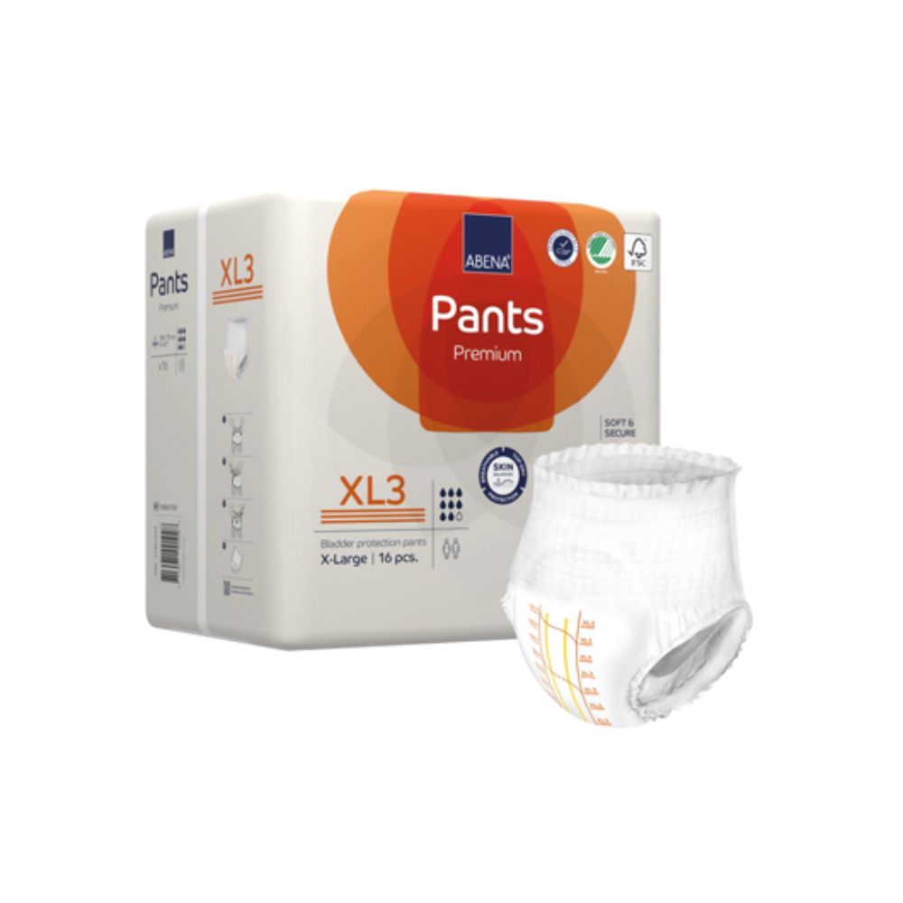 Pantalones absorbentes Pants Premium XL3, caja naranja y ejemplo blanco