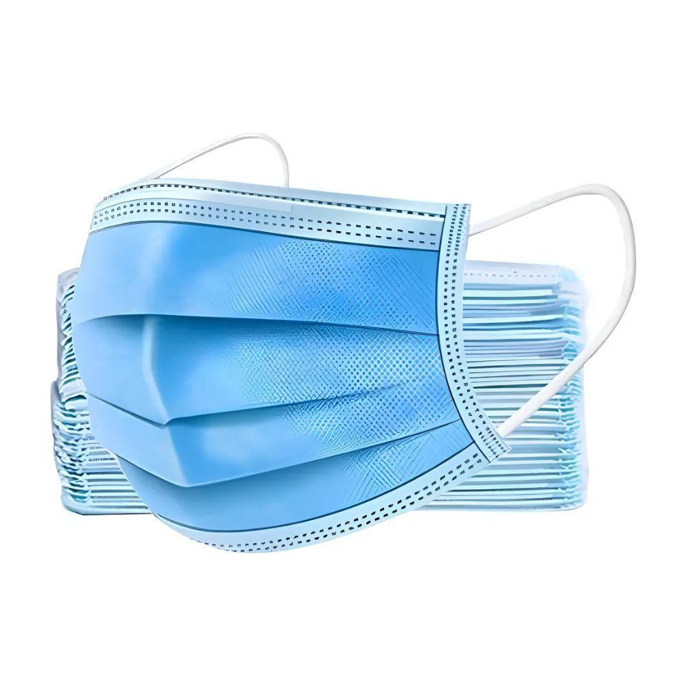 Mascarilla 3 pliegues azul con bandas para las orejas, paquete de 50 unidades (vista frontal).