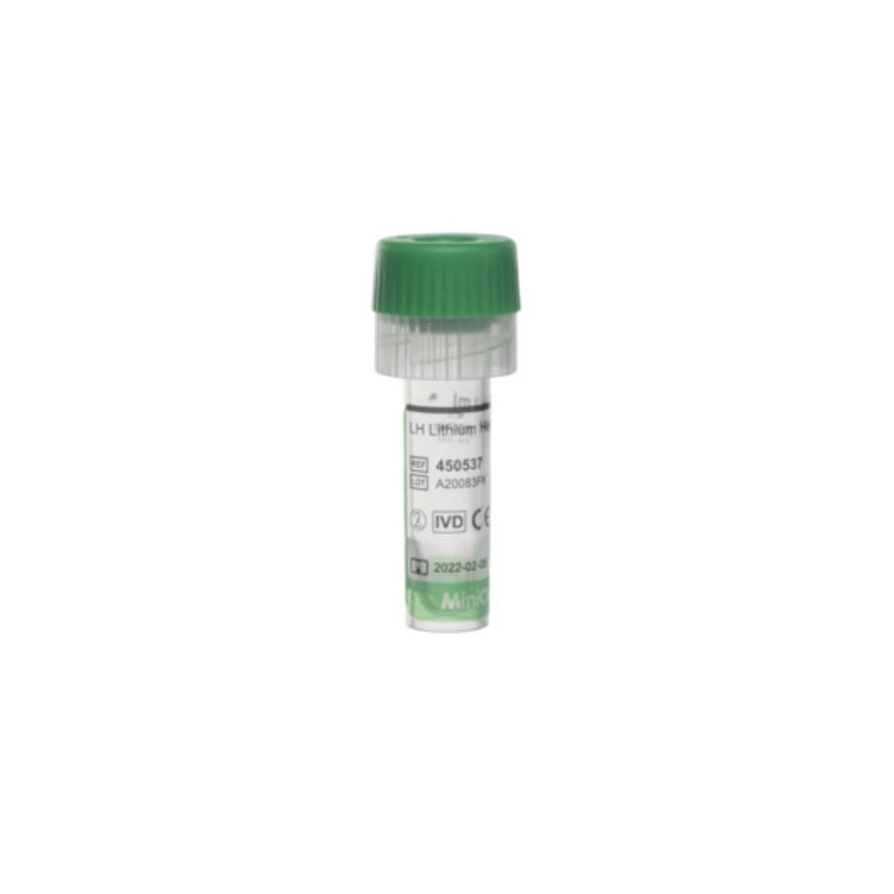 Mini Collect 1 ml con tapa verde y cuerpo transparente, etiqueta y marcas visibles