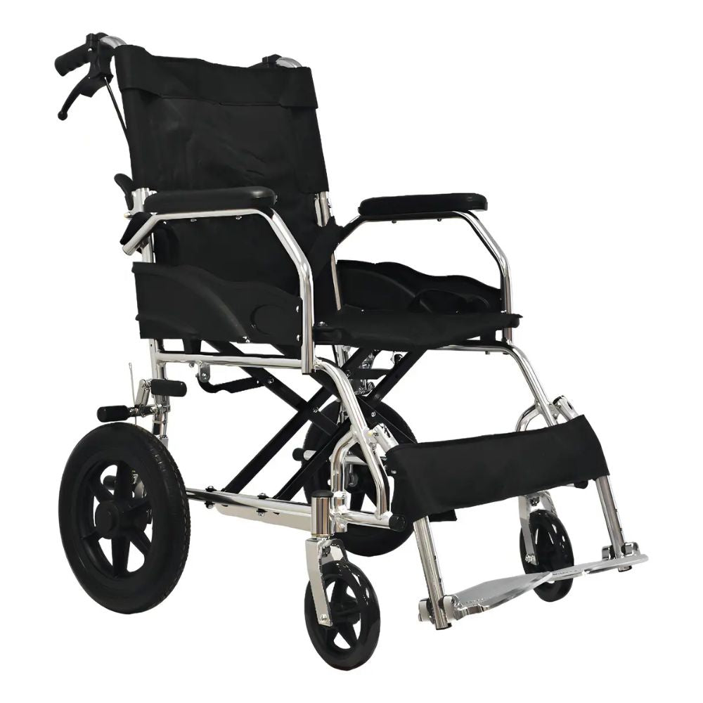 Silla de ruedas geriátrica con estructura de aluminio, respaldo y reposapiés negros