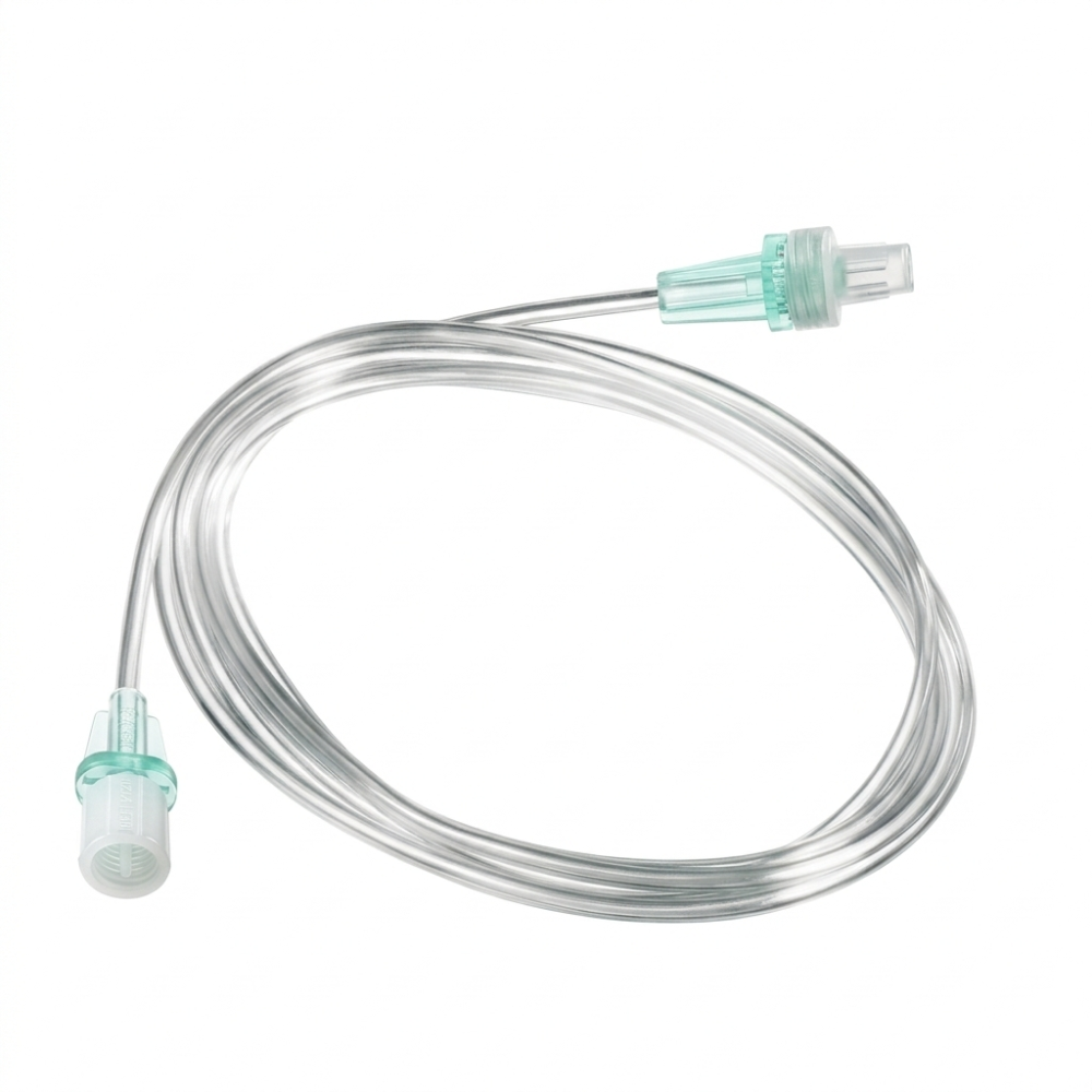 Alargador venoso 140 cm: tubo transparente con conectores verdes.