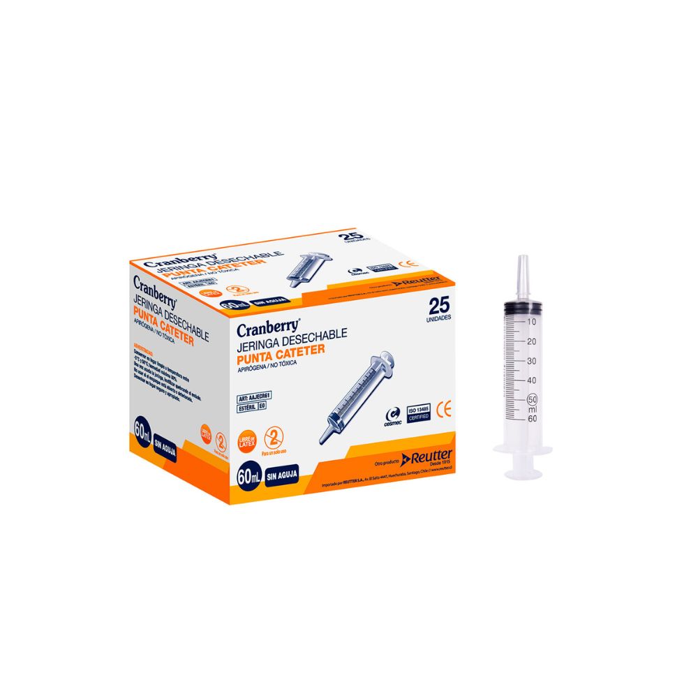 Jeringa desechable 60 cc con punta de catéter y empaque Cranberry
