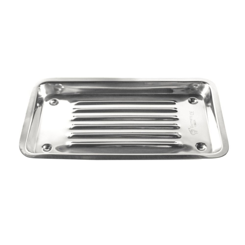 Bandeja acanalada metálica rectangular con ranuras, borde con esquinas redondeadas