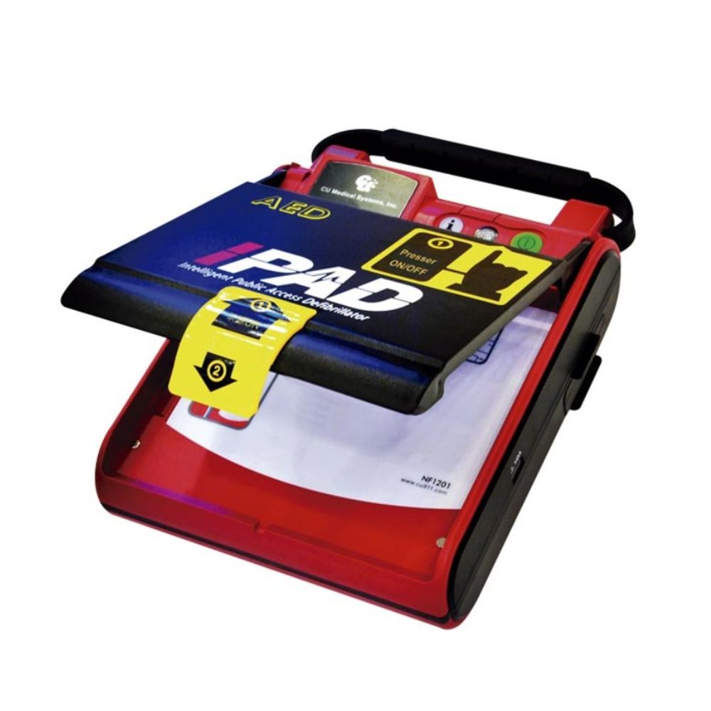 Desfibrilador automático DEA NF 1201 con pantalla y electrodos.
