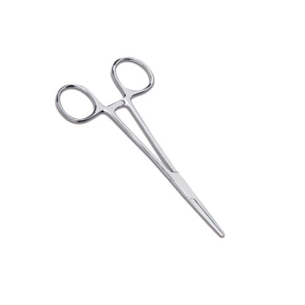 Pinza Kelly recta de acero, con anillos para los dedos y puntas rectas.
