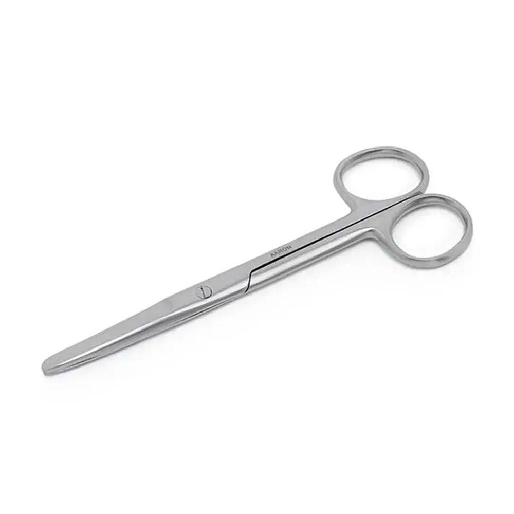Tijera quirúrgica recta de 14 cm, acero, con anillos para los dedos y hojas rectas.