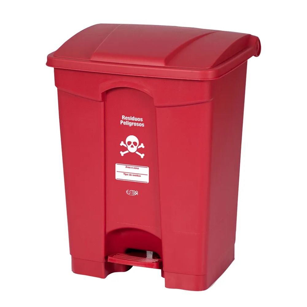 Contenedor plástico 68 L rojo con tapa y pedal, frente con señalización de residuos