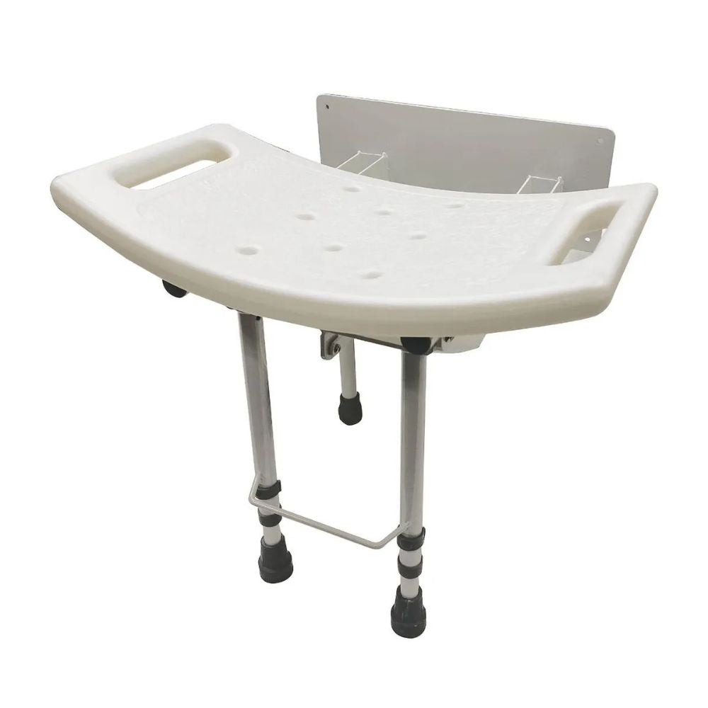 Silla ducha abatible de pared empotrada, asiento blanco con patas y respaldo