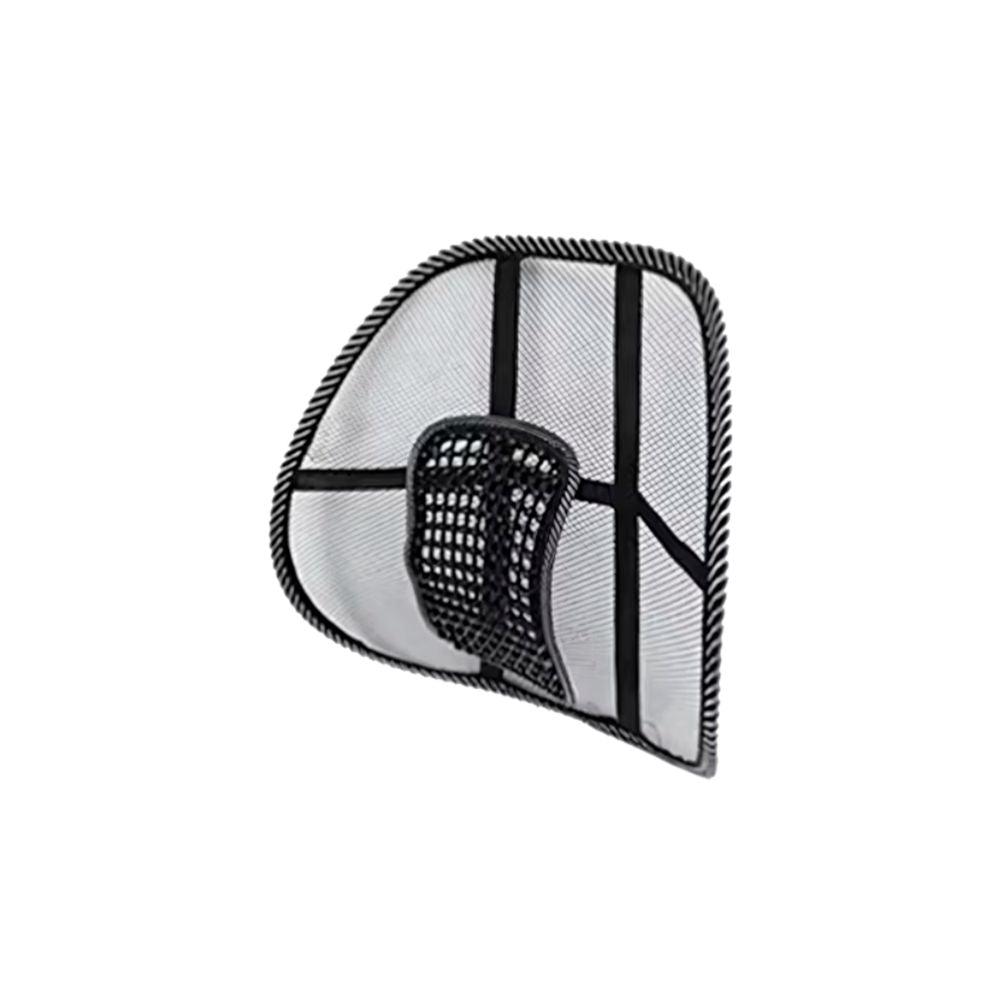 Cojín lumbar anatómico con funda rayada blanco/gris y malla negra frontal