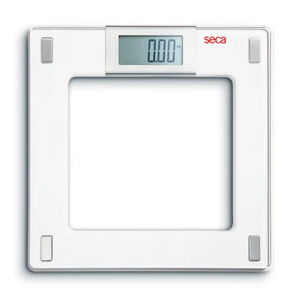 Balanza digital de piso Seca Mod 807: pantalla LCD y plataforma cuadrada