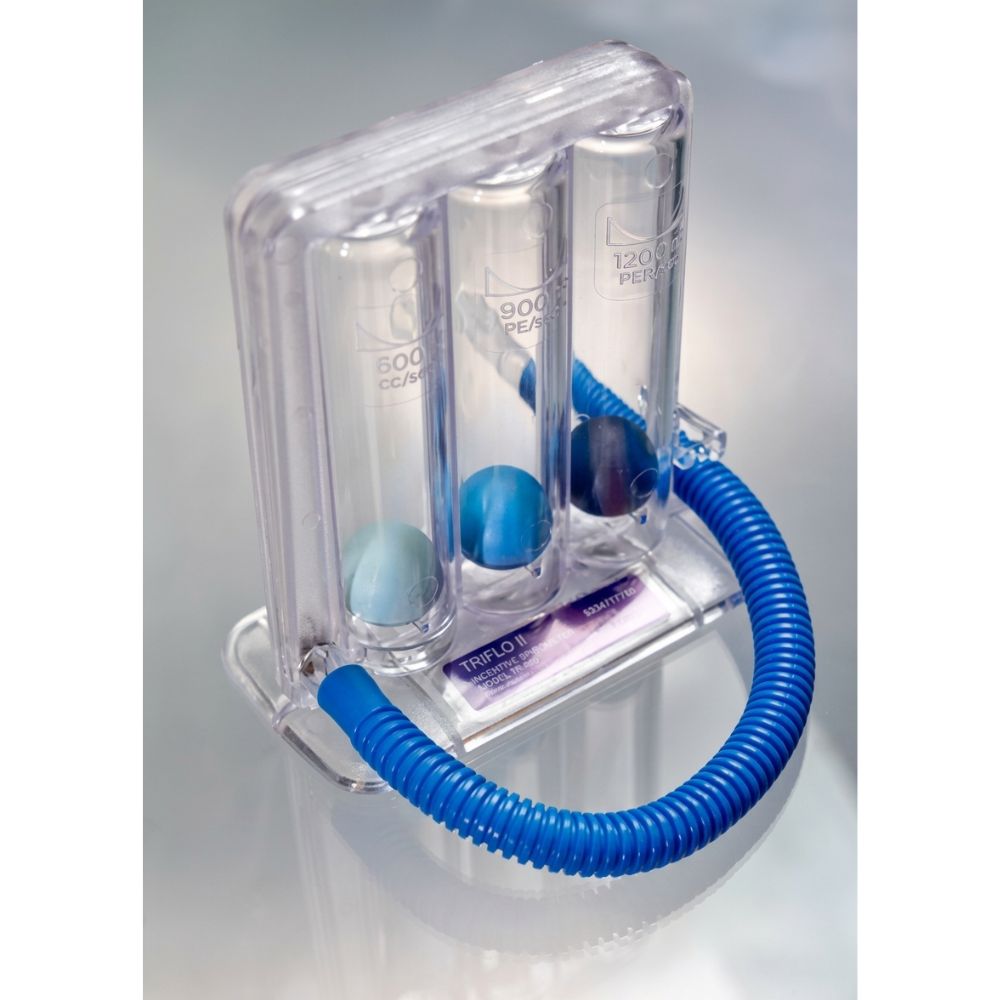 Triflo inhalation device with clear housing and blue tubing, three segmented chambers