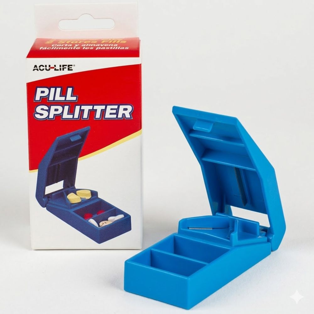Corta tableta y pildorero PS12E azul, con tapa abatible y compartimentos internos