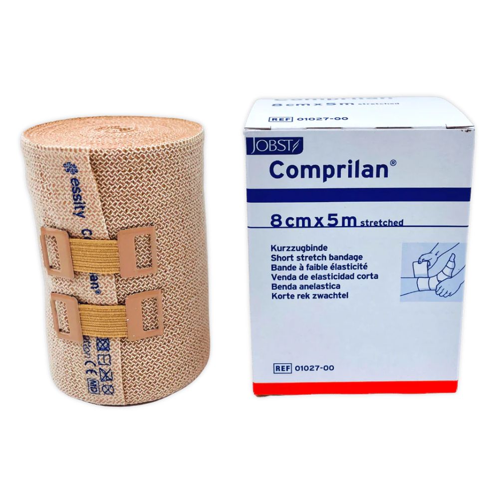 Venda compresiva Comprilan 8cmx5m: rollo elástico beige y caja