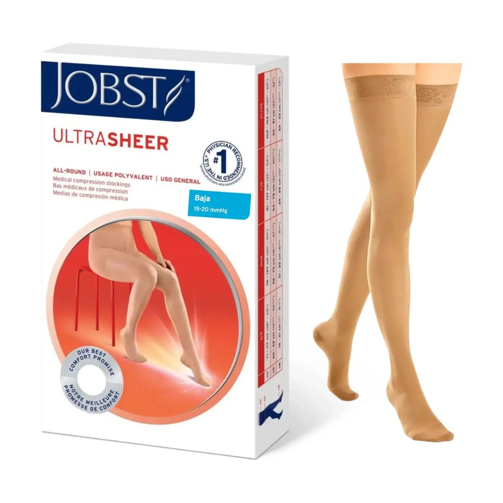 Medias Jobst mujer ultrafinas beige 15-20 mmHg, caja y par sobre pierna