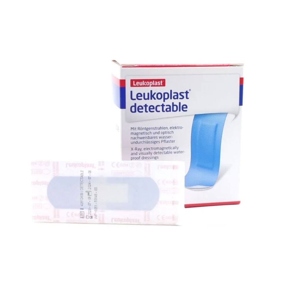 Parche curita detectable azul Leukoplast, 2.2 x 7.2 cm; parche y caja