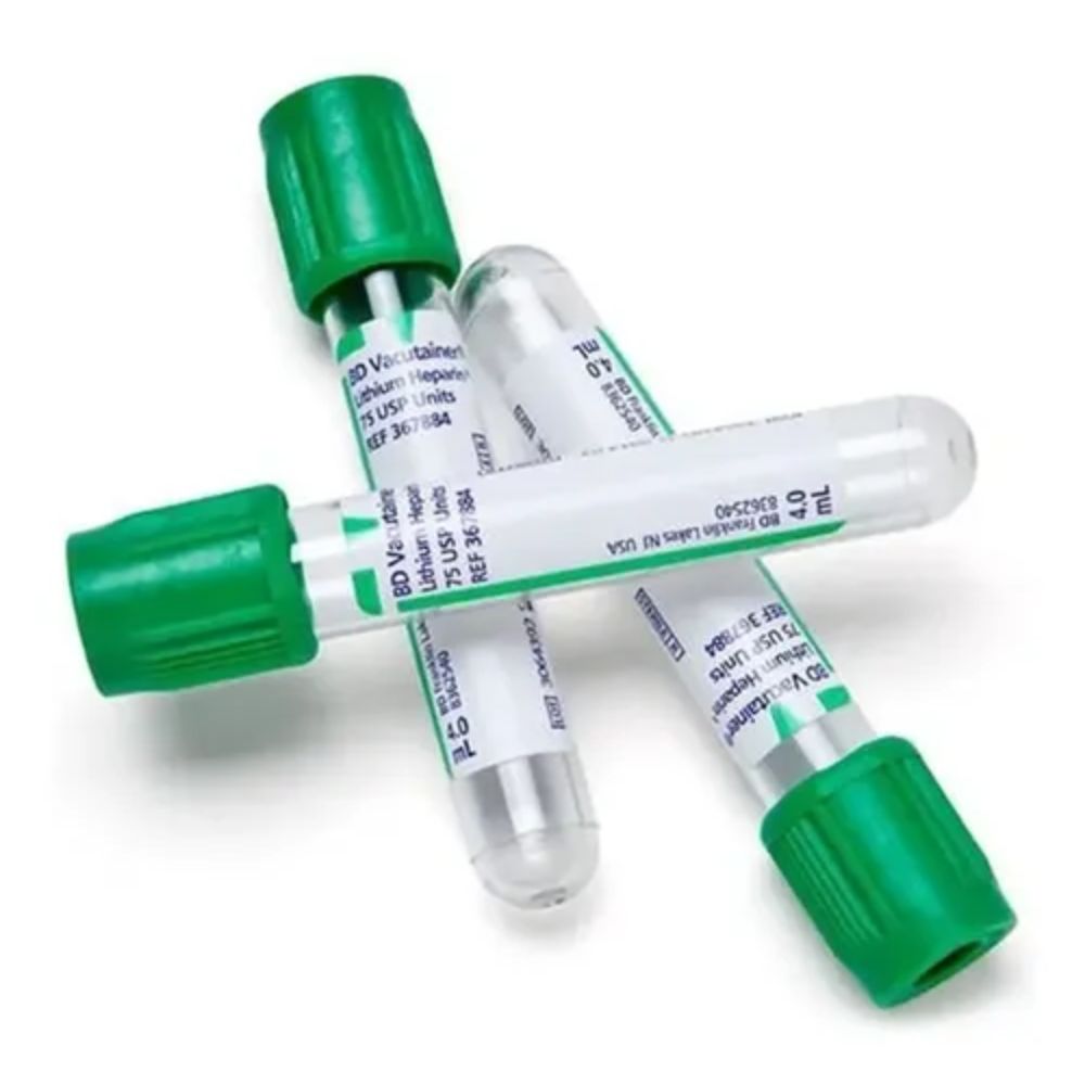 Tubo Tapa Verde Plasma, 4 ml, con etiquetas en viales transparentes