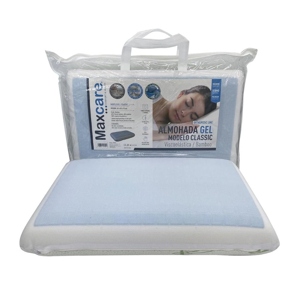 Almohada viscoelástica con gel, superficie azul claro y base blanca