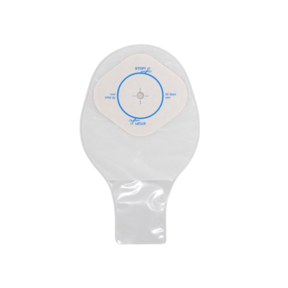 Bolsa ostomía pediátrica drenable transparente 1 pieza; placa oval beige con anillo azul
