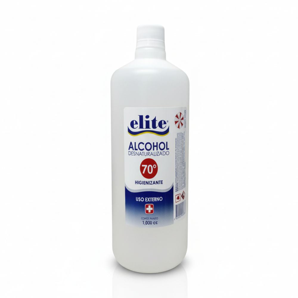 Alcohol desnaturalizado 70° Elite, botella 1 L con tapa dosificadora