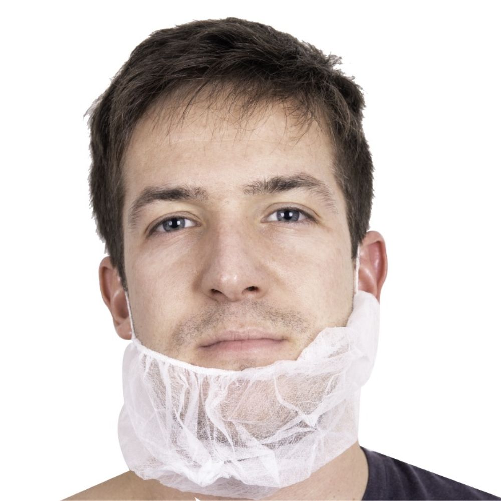 Cubre barba desechable blanco con malla, usado sobre el mentón y barba.