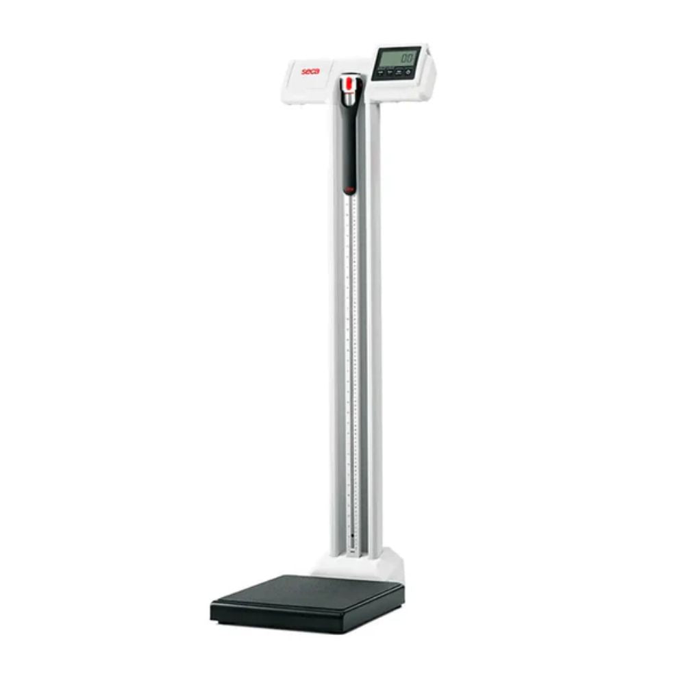 Balanza digital con tallímetro Seca, base negra y pantalla LED