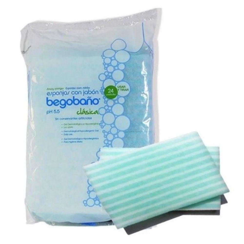 Esponja jabonosa rectangular en tiras rayadas turquesa y paquete sellado