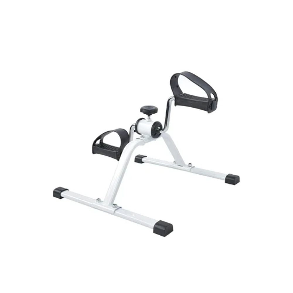 Pedalín de ejercicios con estructura blanca, pedales con correas negras y manija superior