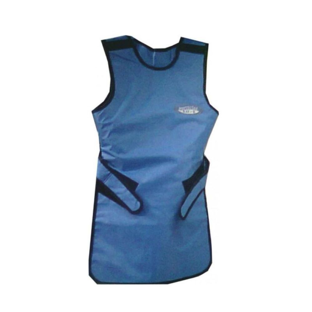 Delantal plomado azul, sin mangas, con cuello tipo camiseta y peto frontal con correas laterales