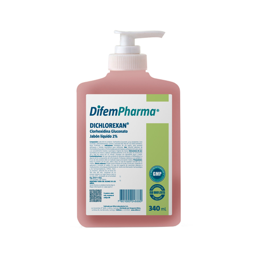 Jabón de clorhexidina 2% en botella rosa con dosificador, 340 mL