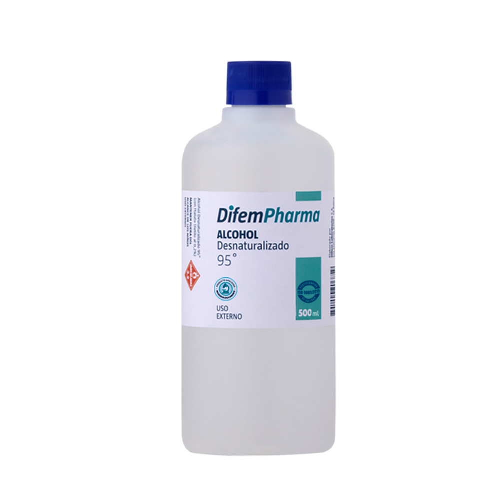 Alcohol 95° desnaturalizado, solución 500 ml, frasco con tapa azul