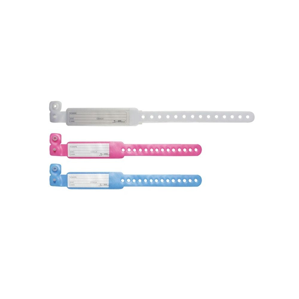 Brazalete identificación recién nacido en blanco, rosado y celeste