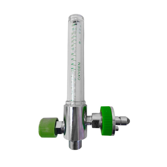 Flujómetro 0-15 con conector Diamond: tubo con escala y perillas verdes laterales