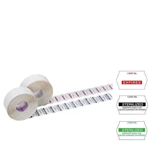 Incheque, rollos de cinta y tira con etiquetas EXPIRES y STERILIZED