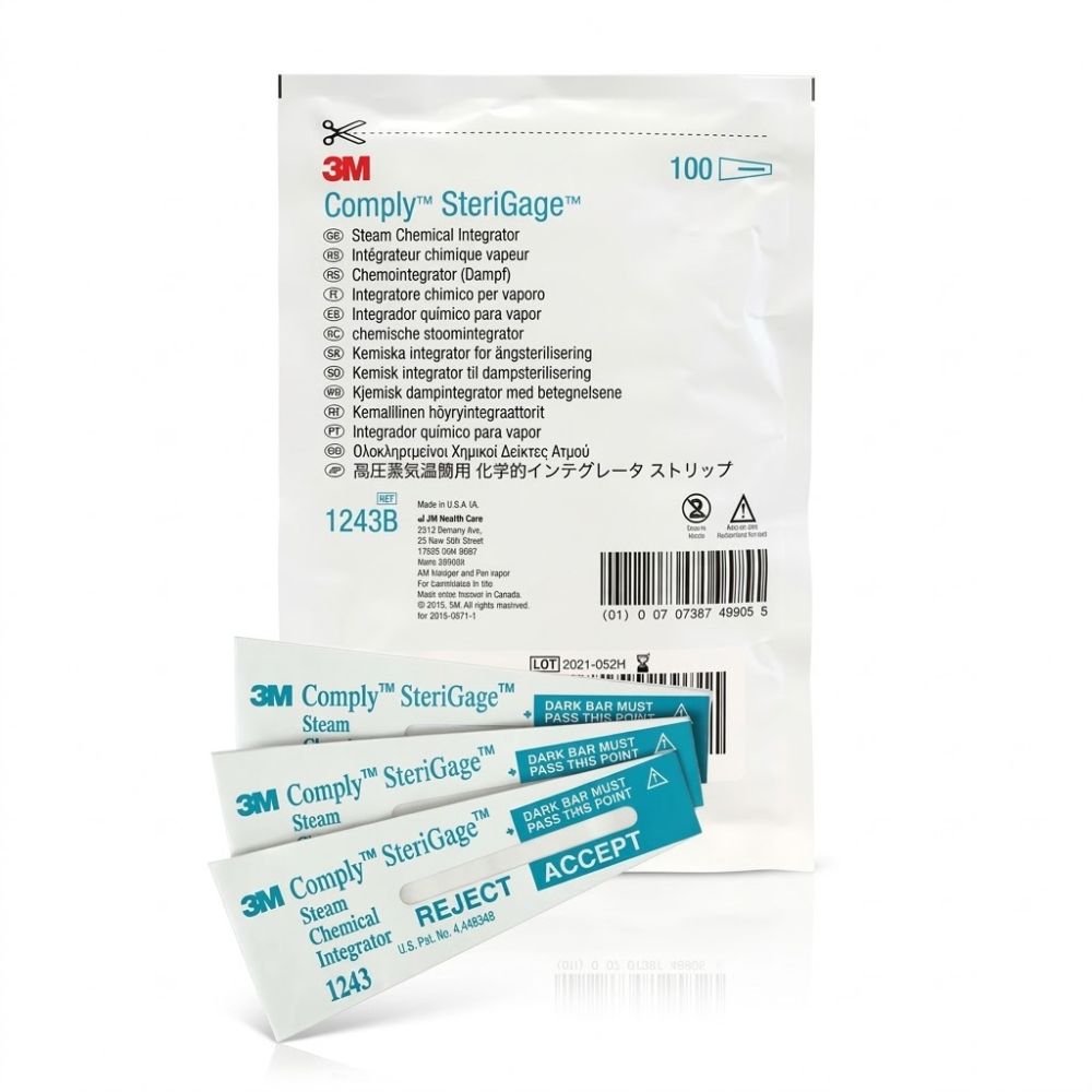 Comply Integrador de vapor 1243B, tiras químicas SteriGage 100, empaque