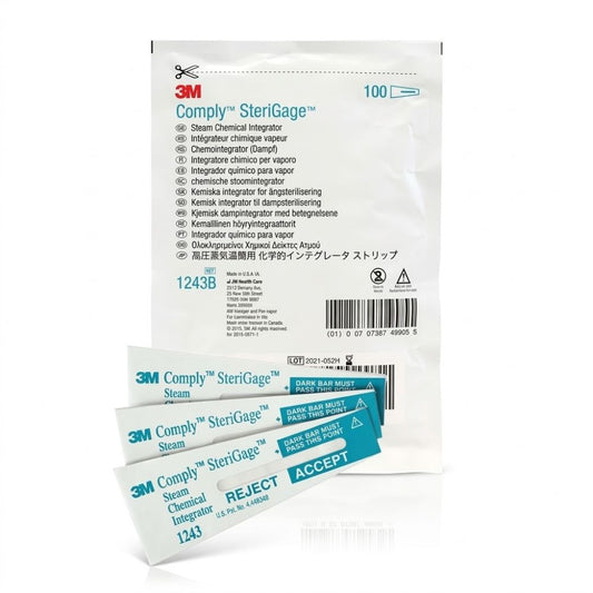 Comply Integrador de vapor 1243B, tiras químicas SteriGage 100, empaque