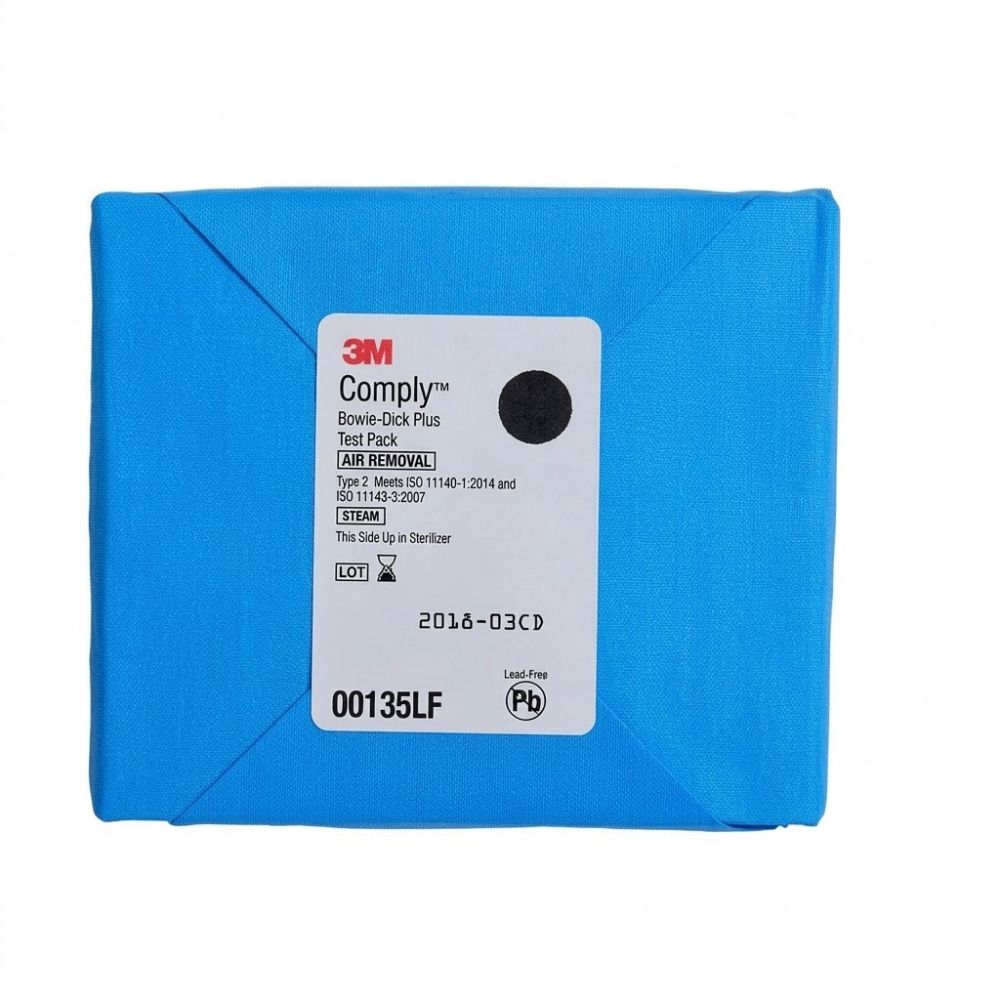 Bowie-Dick Plus test pack, blue sealed pouch with product label and code