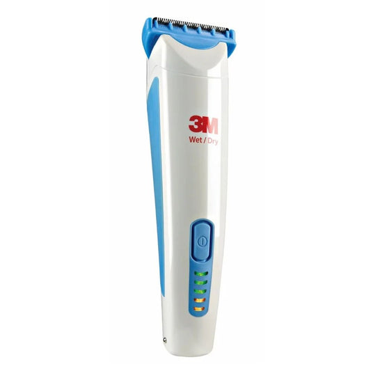 Cortador de Vello Clipper 9681, cuerpo blanco y azul con cabezal metálico