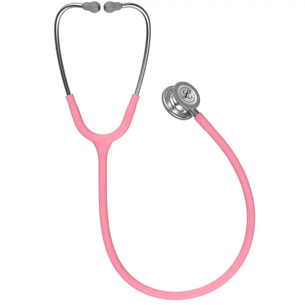 Fonendo con campana metálica y tubo rosado perla, auriculares grises