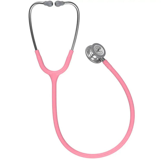 Fonendo con campana metálica y tubo rosado perla, auriculares grises