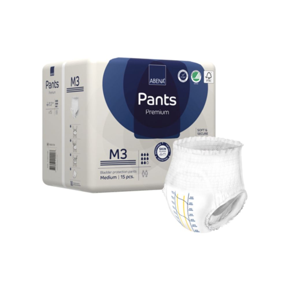 Pantalones absorbentes Pants Premium M3, caja azul y ejemplo blanco