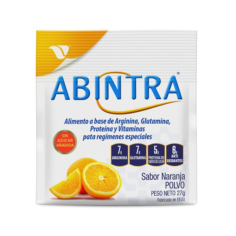 Sobre Abintra sabor naranja, polvo 27 g; bolsa con rebanadas de naranja
