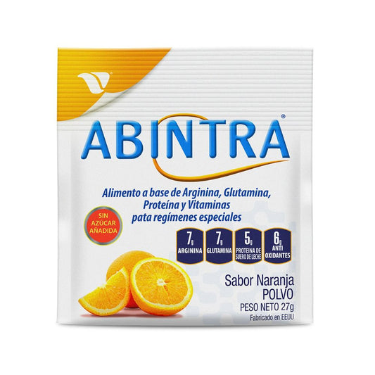 Sobre Abintra sabor naranja, polvo 27 g; bolsa con rebanadas de naranja
