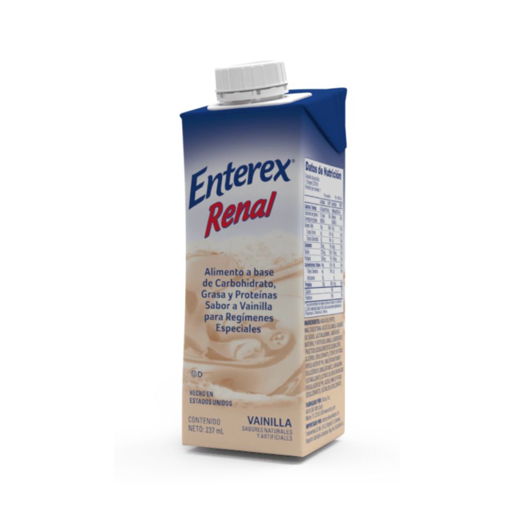 Enterex Renal 237 ml sabor vainilla, envase tipo brik con boquilla.