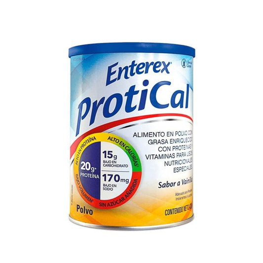 Tarro de Enterex Protical en polvo, tapa azul y etiqueta frontal visible
