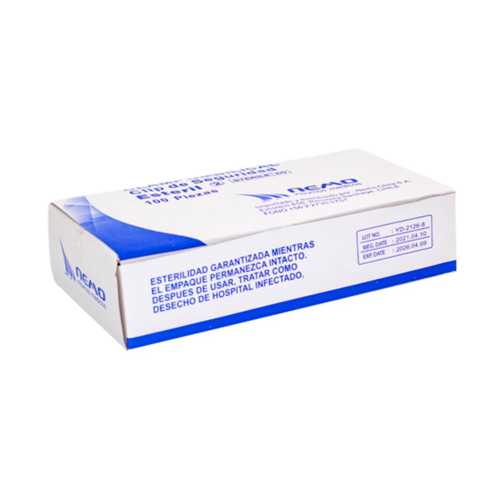 Clamp Umbilical Nemo sterile supply box with blue label and lot information